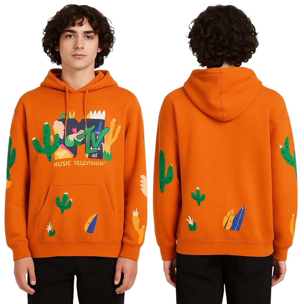 MTV Cactus Print Hoodie Unisex Small Orange Retro Graphic Pullover
